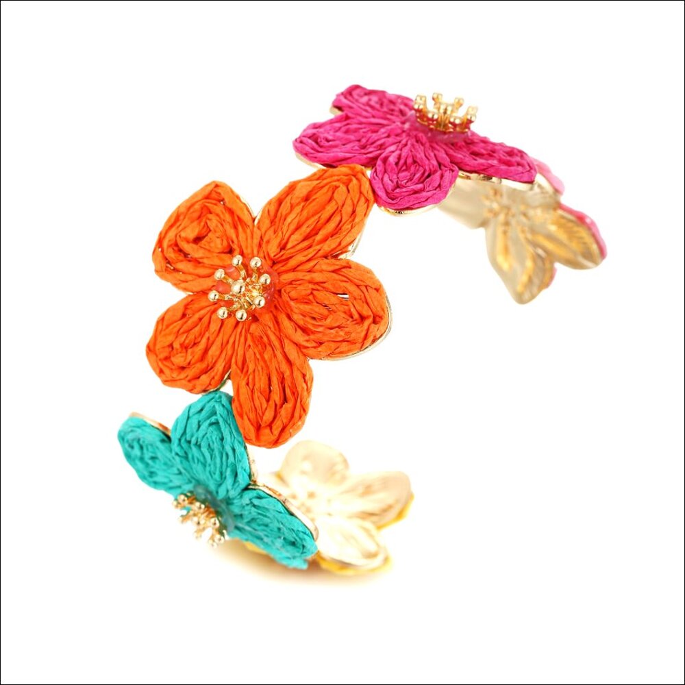 Adjustable Raffia Flower Cuff Bracelet Handmade Boho Chunky Statement